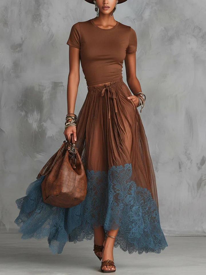 Brown & Blue Lace Tulle Skirt Set