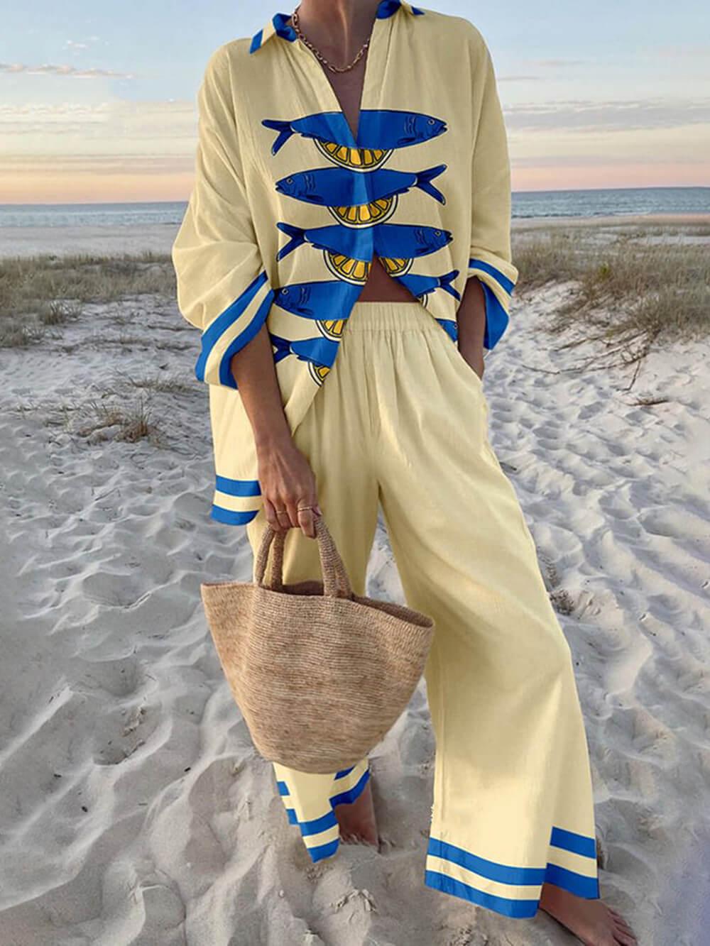 Junia Ocean Print Shirt and Pocket Pants Set