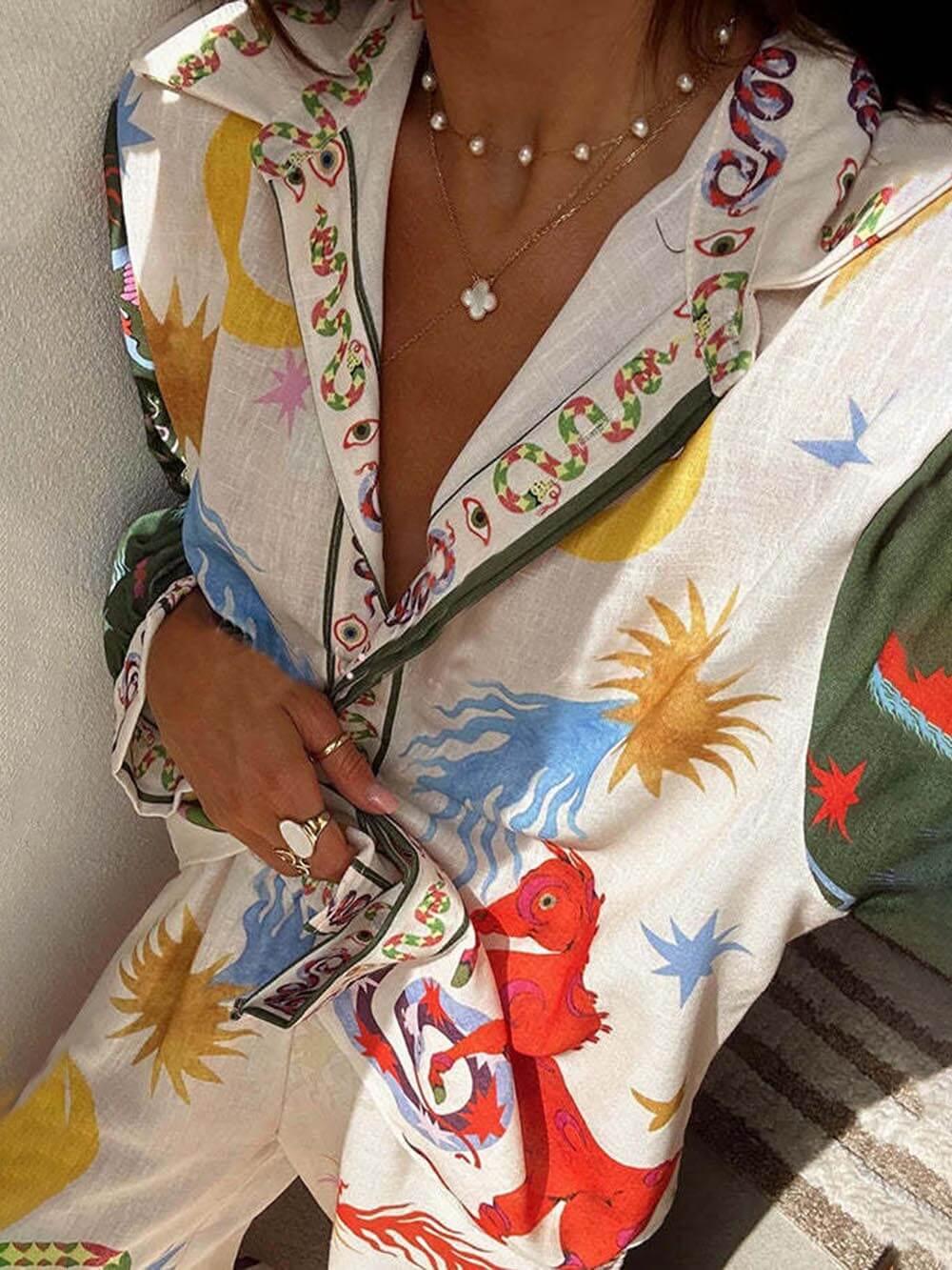 Alondra Unique Print Long Sleeve Shirt and Elastic Waist Pants Set