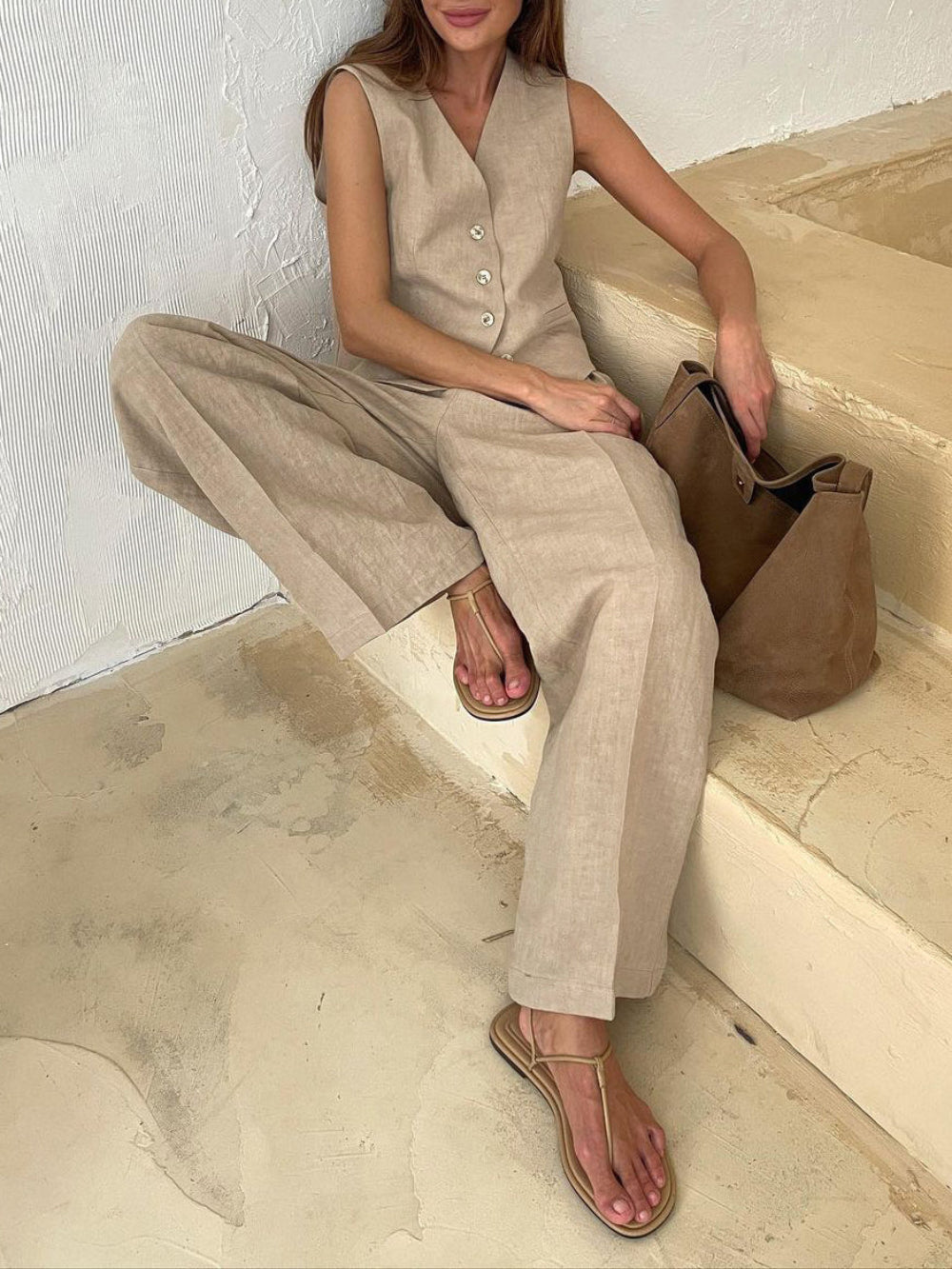 Sarah V-neck Pleated Wide-leg Pants Suit