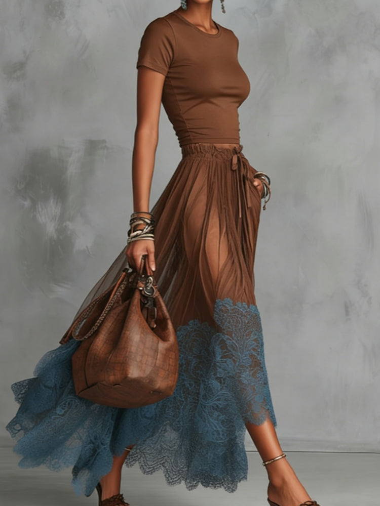 Brown & Blue Lace Tulle Skirt Set