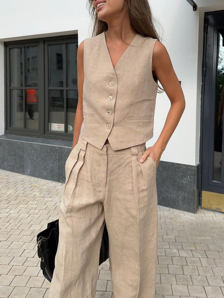 Sarah V-neck Pleated Wide-leg Pants Suit