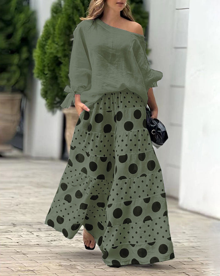 Abby Casual Shoulder Top & Printed Pants Set