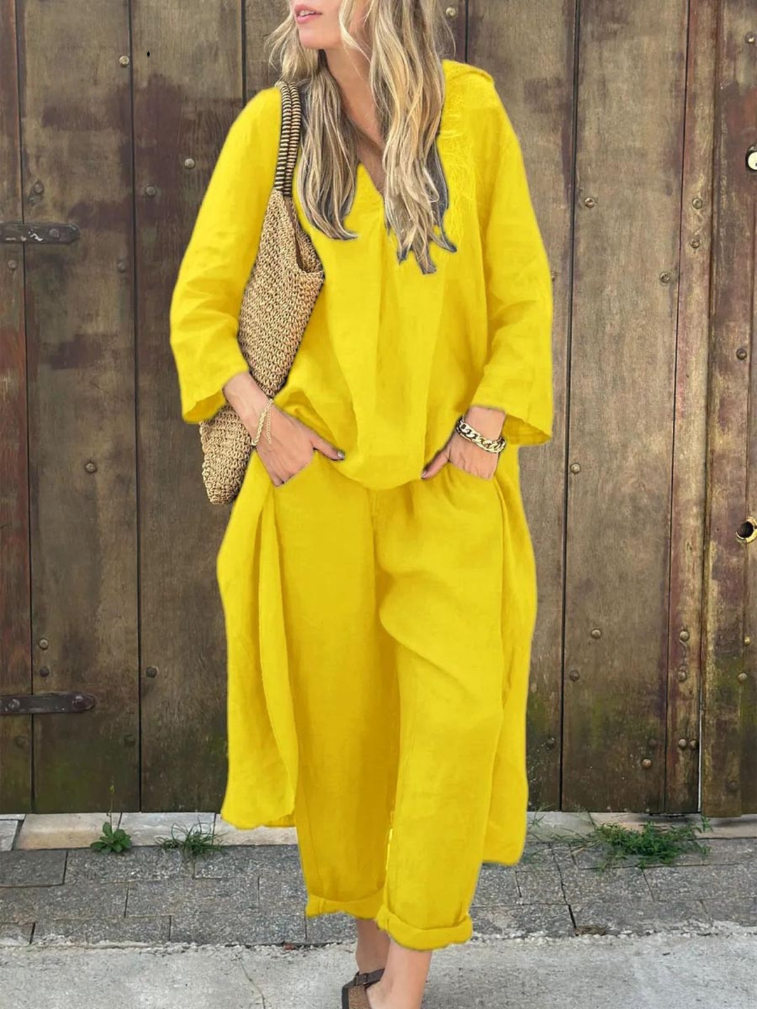 Jenna V-neck Top and Wide-leg Pants Set