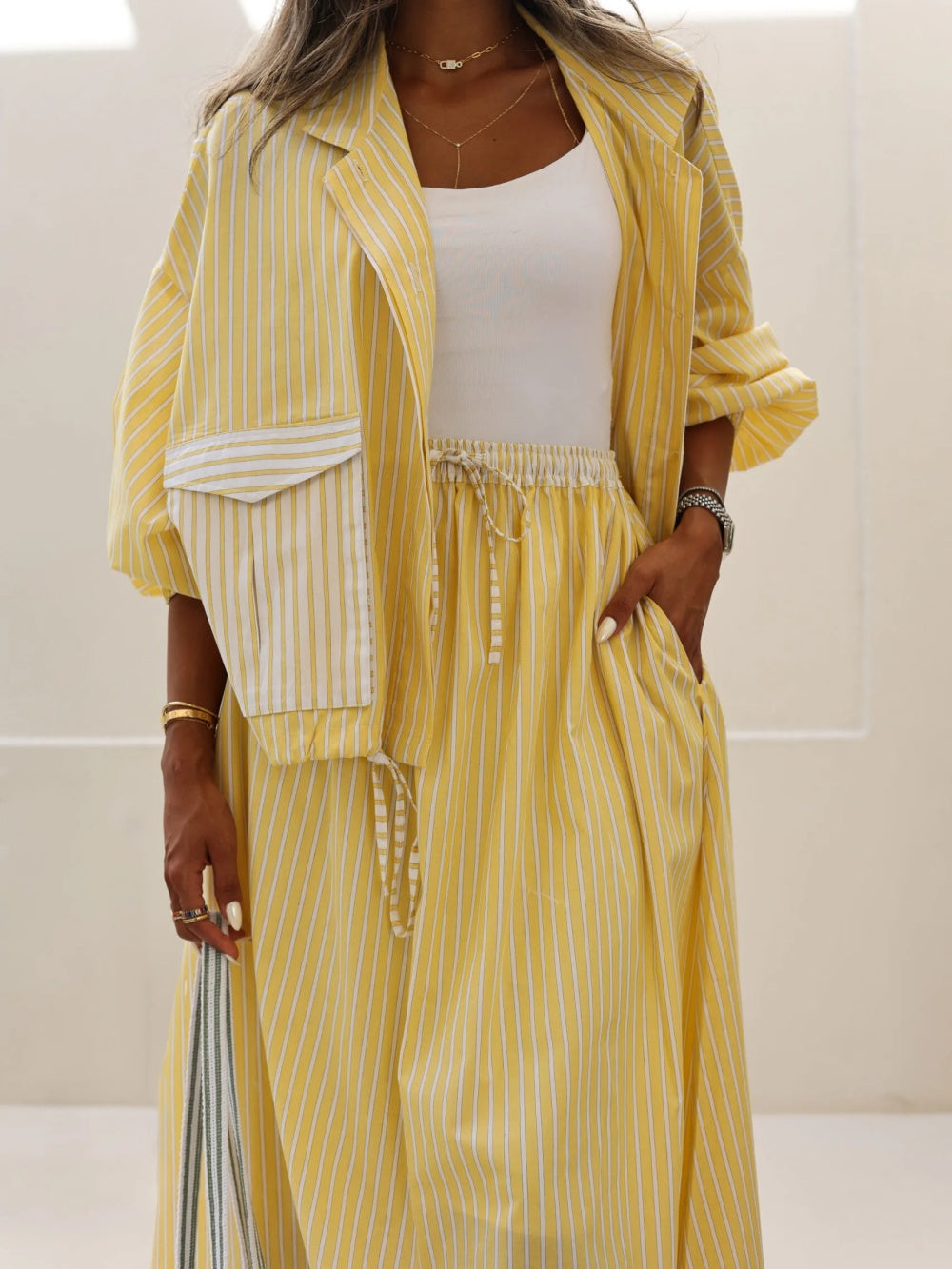 Lyka Yellow Striped Casual Set