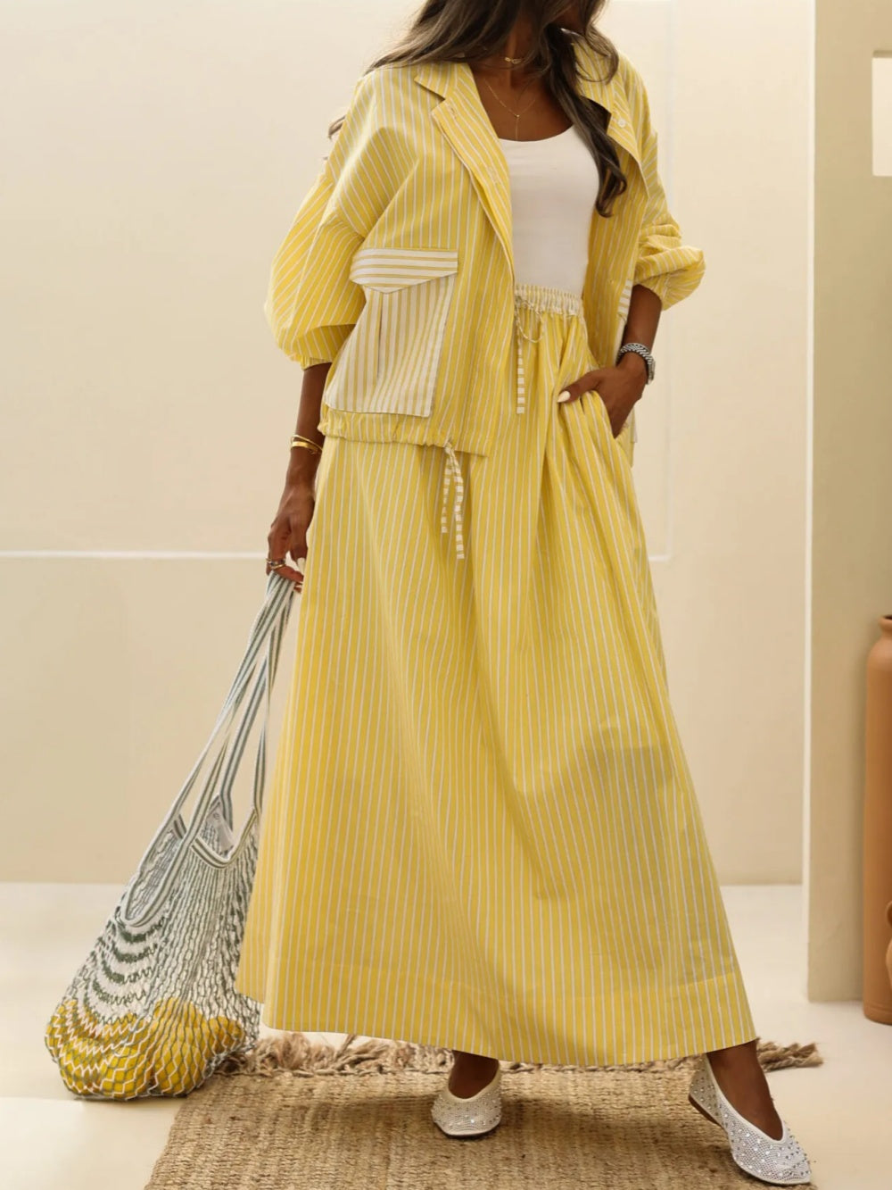 Lyka Yellow Striped Casual Set