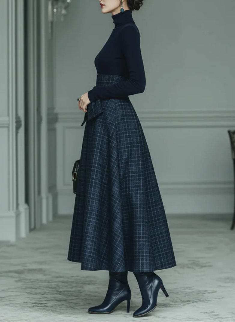Kennedy Turtleneck Stretch Top & Plaid Skirt Set