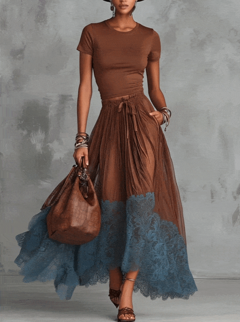 Brown & Blue Lace Tulle Skirt Set