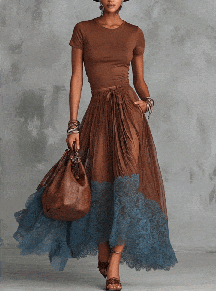 Brown & Blue Lace Tulle Skirt Set
