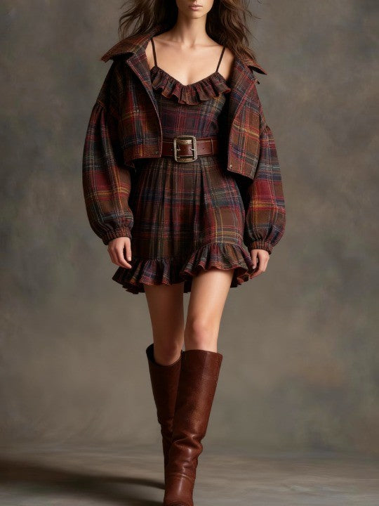 Geraldine Vintage Plaid Ruffle Mini Dress Set